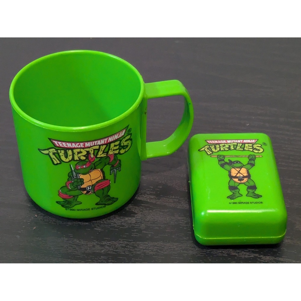 Vintage 1990 Mirage Studios TMNT Mug Cup Travel Case Raphael Donatello Green